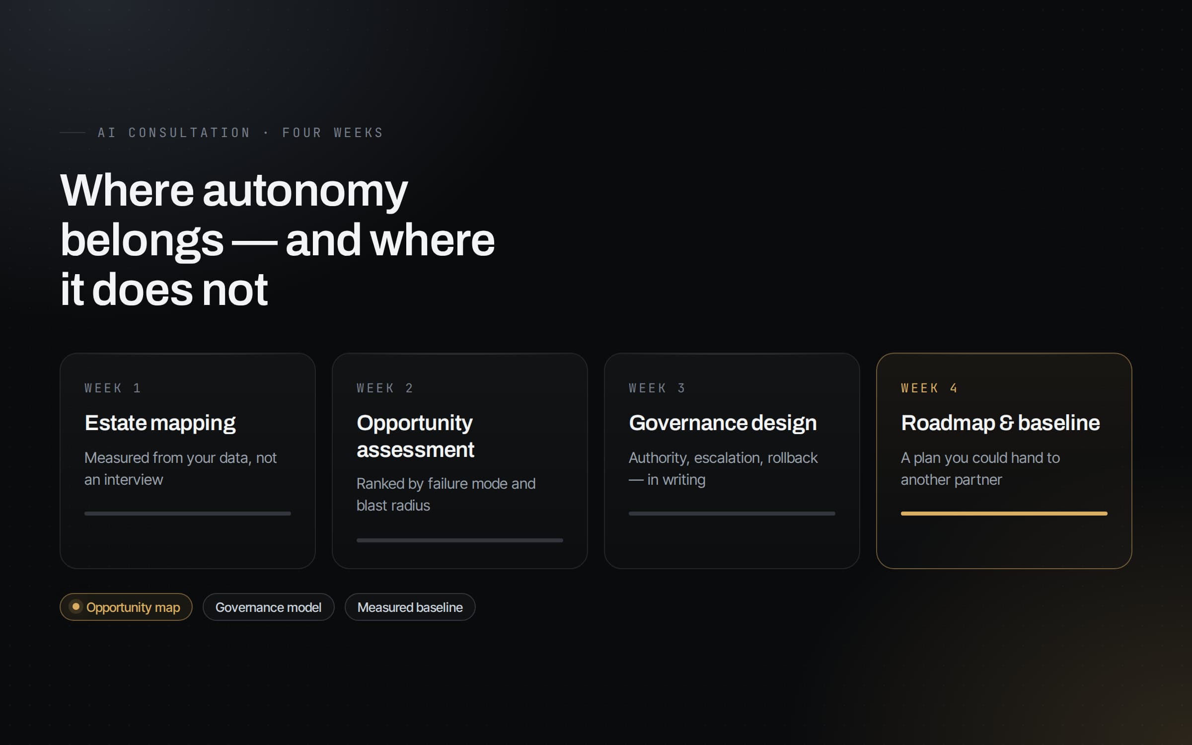 A four-week consultation roadmap: estate mapping, opportunity assessment, governance design, and roadmap and baseline, with the final week highlighted.